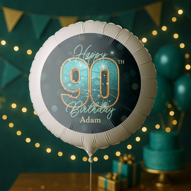 Dazzling Stylish Chic Teal Gold 90th Birthday Balloon (Creator Uploaded)