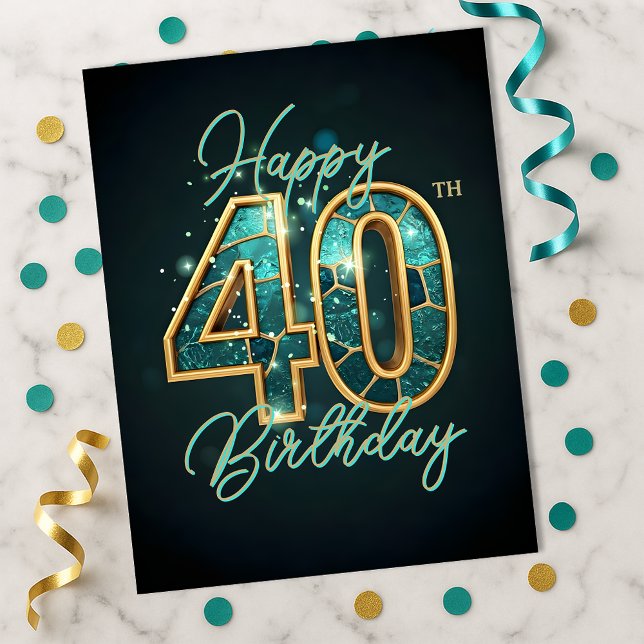 Dazzling Teal and Gold Bejeweled 40th Birthday Postcard (Creator Uploaded)