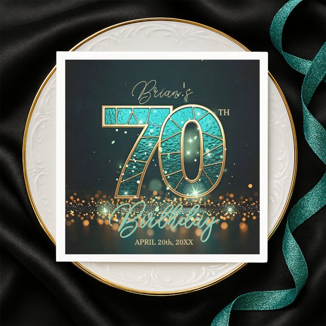 Dazzling Teal Mosaic Gold Jeweled 70th Birthday  Napkins (Creator Uploaded)