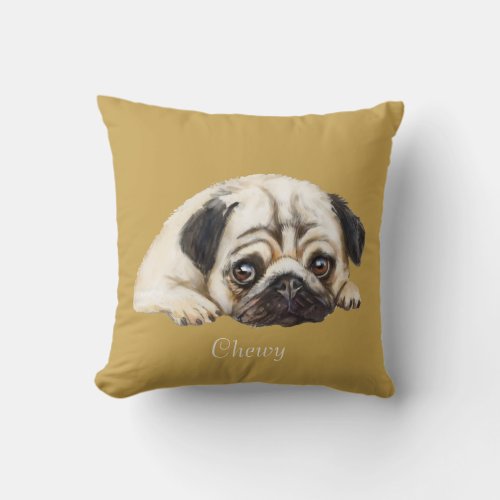 Dbl_sided Pug illustration brown turquoise custom Throw Pillow