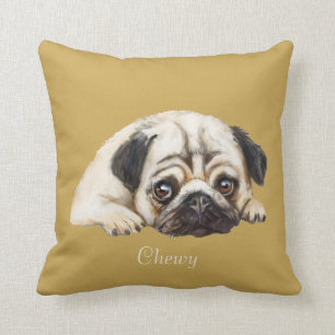 Dbl-sided Pug illustration brown turquoise custom Throw Pillow