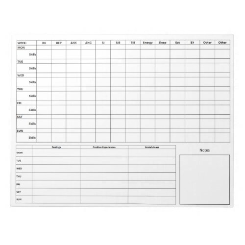 DBT Standard Diary Card Front _ Back  _ Blank Notepad