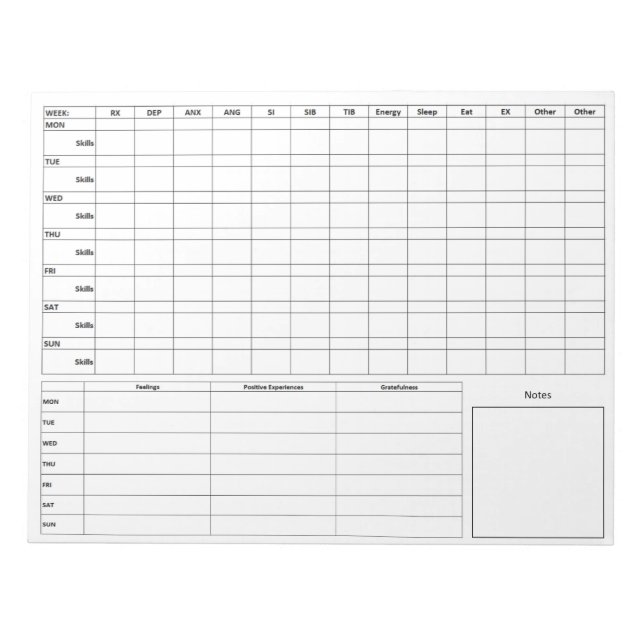 DBT Standard Diary Card Front - Back  - Blank Notepad (Front)