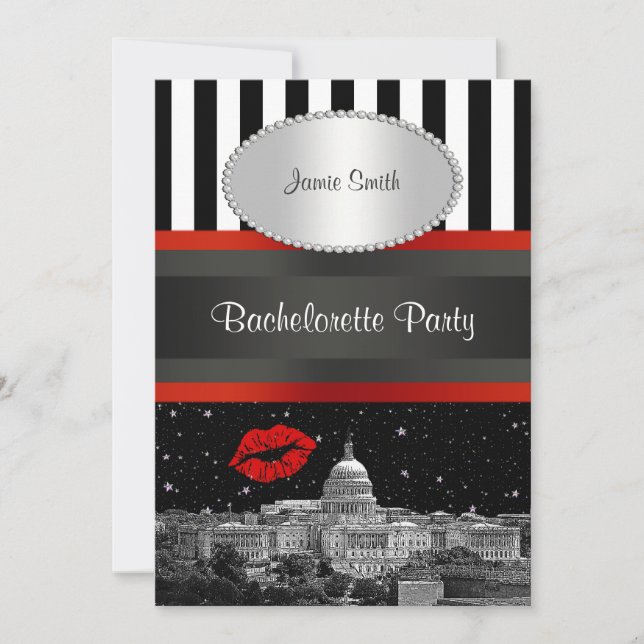 DC Skyline Blk Wht Strp Red Kiss Bachelorette Invitation (Front)