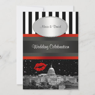DC Skyline Blk Wht Strp Red Kiss P Wedding Invitation