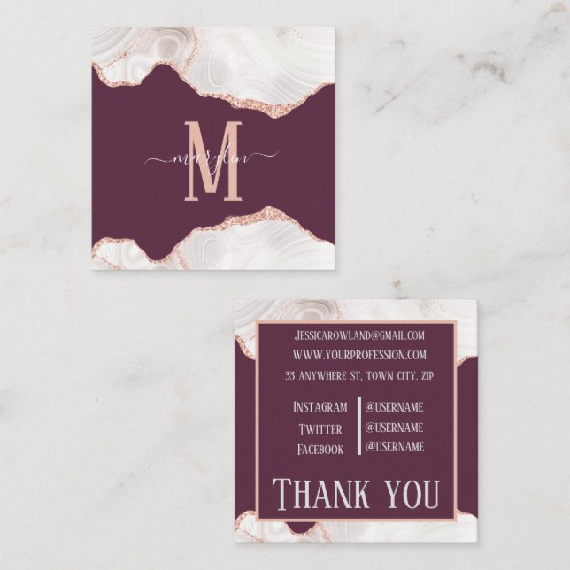 DC WHITE & ROSE GOLD AGATE OLD MAUVE MONOGRAM  SQUARE BUSINESS CARD (Front/Back)