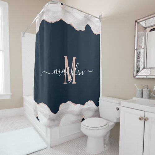 DC WHITE  ROSE GOLD BLACK FOGRA AGATE MONOGRAM SHOWER CURTAIN