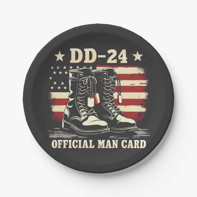 DD 24 Official Man Card American Veteran Day Flag Paper Plates (Front)
