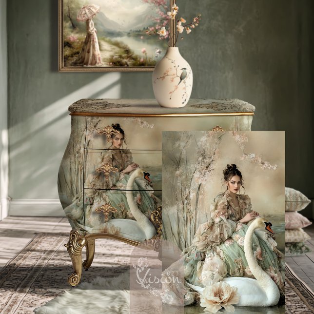 De bonne grâce Bouffant Portrait & Swan Tissue Paper (De bonne grâce Elegant Bouffant Portrait Lady & Swan Art, Ethereal Lake Fantasy Furniture Decoupage.)
