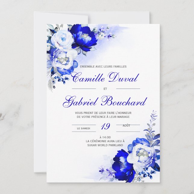 De Mariage élégante avec fleurs bleues Invitation (Front)