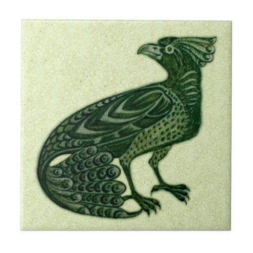 De Morgan Green Peacock Tail down Bird Ceramic Tile