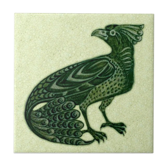 De Morgan Green Peacock (Tail down) Bird Ceramic Tile (Front)