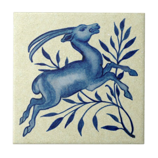 De Morgan Hand Painted Blue Antelope Antique Repro Ceramic Tile (Front)