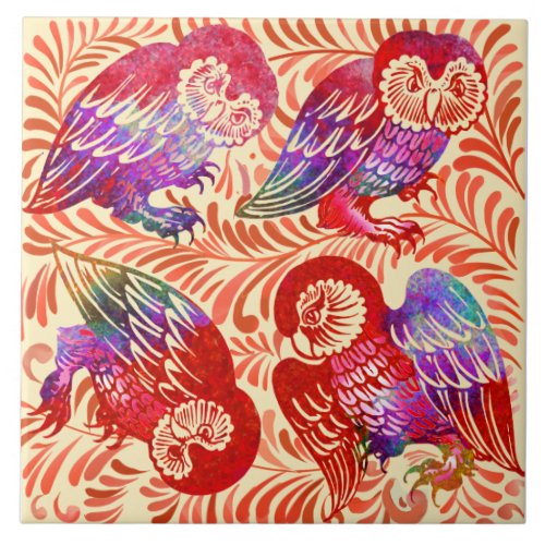 De Morgan Ruby Lustre Owl Quartet Antique Repro Ceramic Tile