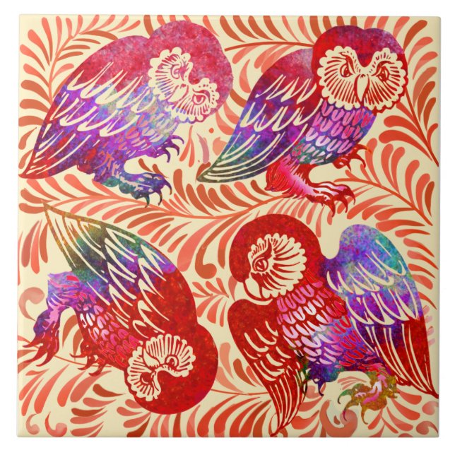 De Morgan Ruby Lustre Owl Quartet Antique Repro Ceramic Tile (Front)