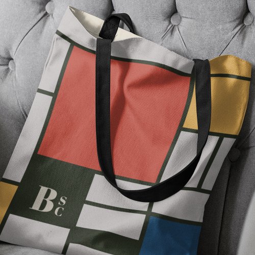 De Stijl Inspired Primary Colored Squares Monogram Tote Bag