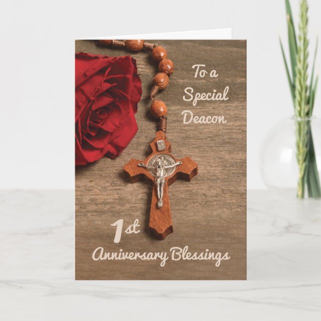 Deacon 1st Ordination Anniversary Rose & Rosary Card (Front)