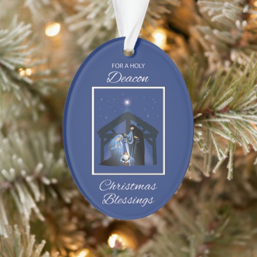 Deacon Christmas Blessings Manger on Blue Ornament