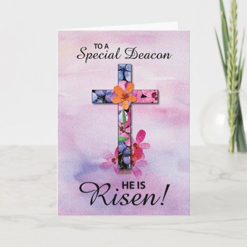 Deacon Easter He is Risen Cross Watercolor Flowers Card