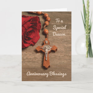 Deacon Ordination Anniversary Red Rose and Rosary Card