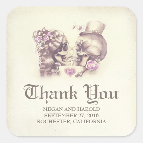 Dead and Nice Skull Couple Wedding Thank You Square Sticker