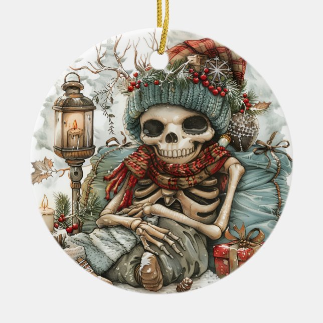 Dead Cozy – Winter Skeleton Vibes” Ceramic Ornament (Front)