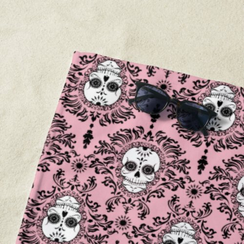 Dead Damask Black on Pink Sugar Skull Pattern Beach Towel