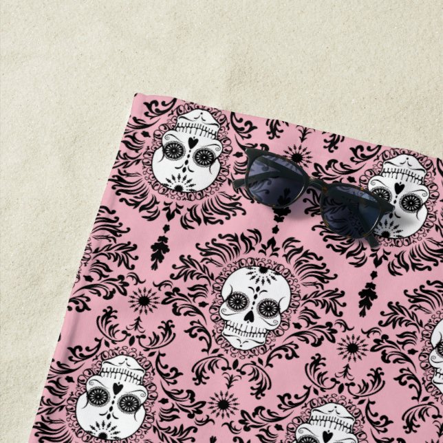 Dead Damask Black on Pink Sugar Skull Pattern Beach Towel (In Situ)