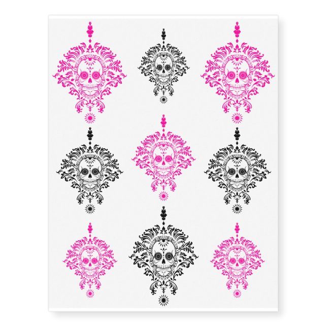 Dead Damask - Black & Pink Sugar Skulls Temporary Tattoos (Front)