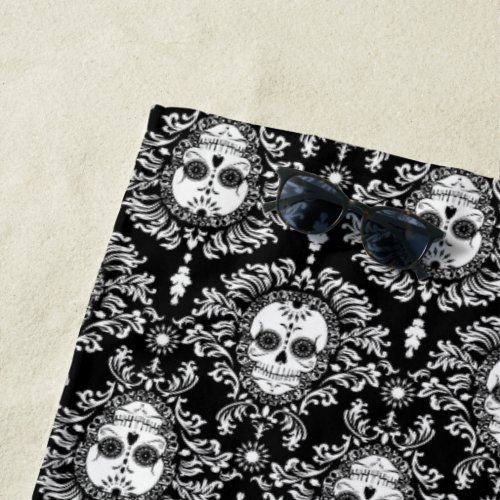 Dead Damask Black  White Sugar Skulls Pattern Beach Towel