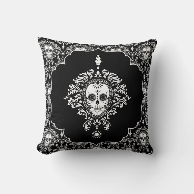 Dead Damask - Chic Sugar Skulls Throw Pillow (Front)
