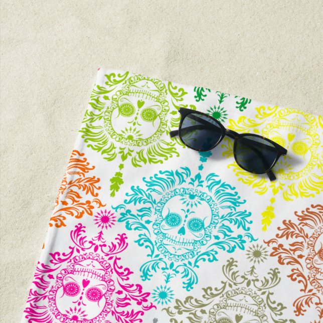Dead Damask Festive Colors Sugar Skull Pattern Beach Towel (In Situ)