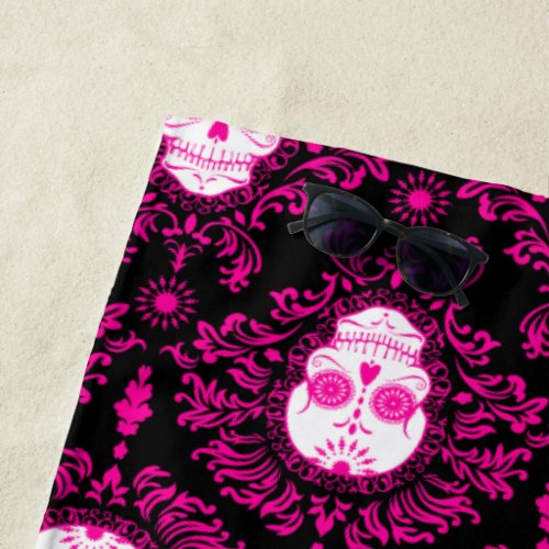 Dead Damask Pink on Black Sugar Skulls Beach Towel