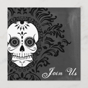 Dead Damask Sugar Skull on Grey Watercolor Invitation
