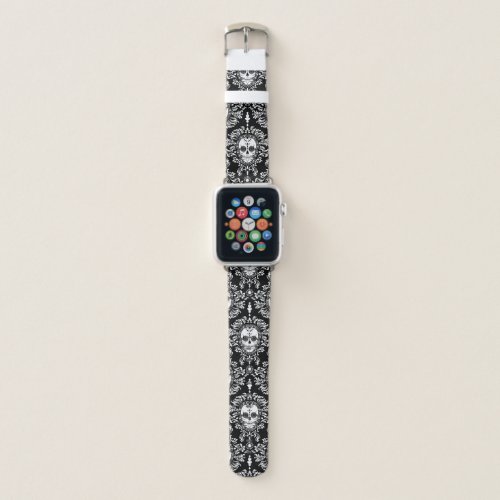 Dead Damask Sugar Skull Pattern White on Black Apple Watch Band