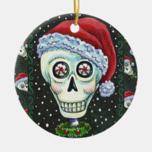 DEAD HEAD SANTA SKULL, CHRISTMAS SKELETON HUMOR CERAMIC ORNAMENT