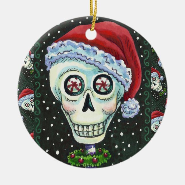DEAD HEAD SANTA SKULL, CHRISTMAS SKELETON HUMOR CERAMIC ORNAMENT (Front)