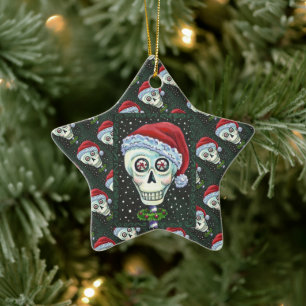 DEAD HEAD SANTA SKULL, CHRISTMAS SKELETON HUMOR CERAMIC ORNAMENT