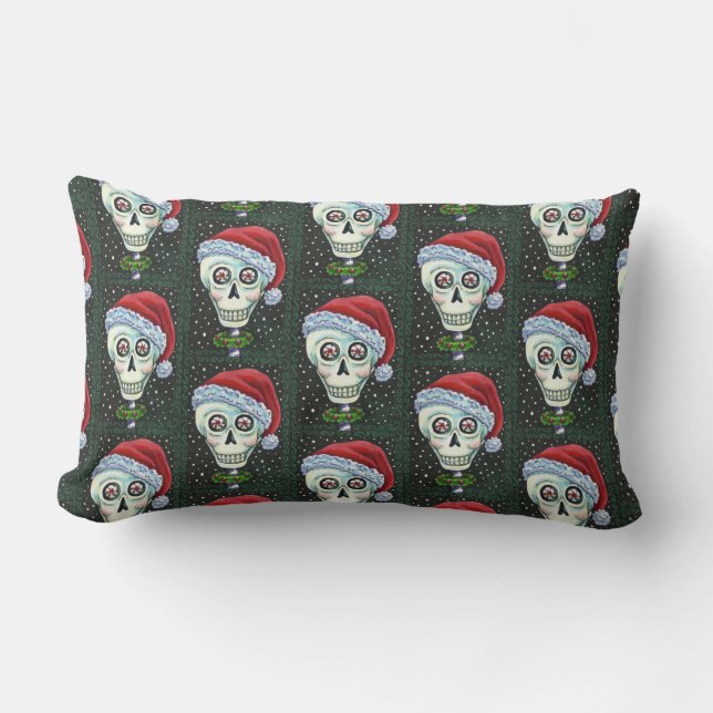 DEAD HEAD SANTA SKULL, CHRISTMAS SKELETON HUMOR LUMBAR PILLOW (Front)
