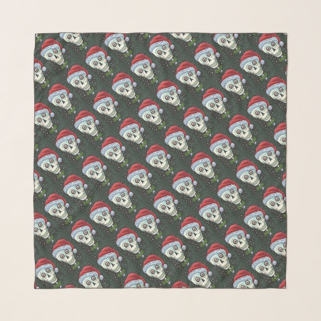 DEAD HEAD SANTA SKULL, CHRISTMAS SKELETON HUMOR SCARF (Front)