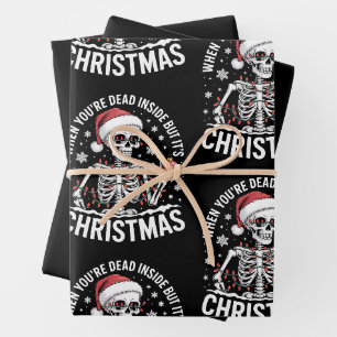 Dead Inside But It's Christmas Skeleton Santa Xmas Wrapping Paper Sheets