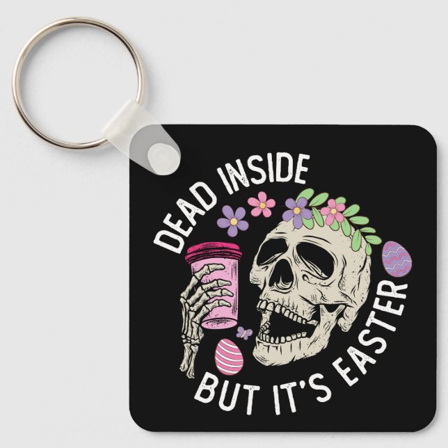 Dead Inside But It's Easter Skull Coffee Eggs Keychain (Front)