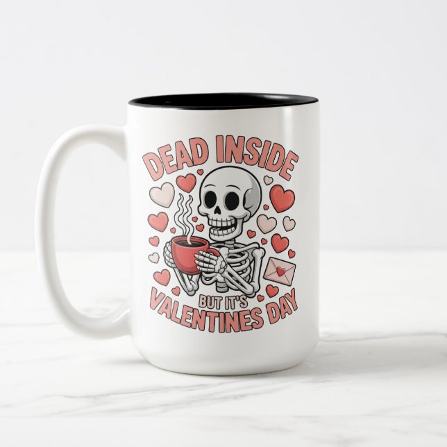 Dead Inside But It's Valentines Day Funny Skeleton Two-Tone Coffee Mug (Left)