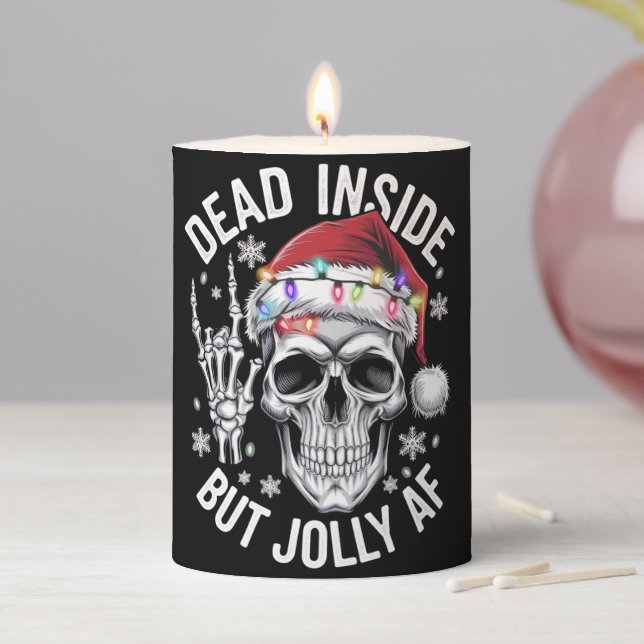 Dead Inside But Jolly AF Christmas Gift Skeleton  Pillar Candle (In Situ)