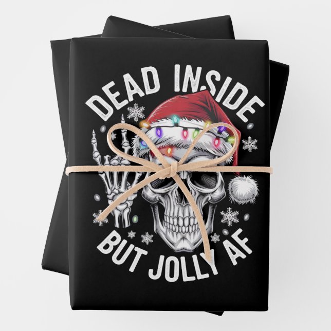 Dead Inside But Jolly AF Christmas Gift Skeleton  Wrapping Paper Sheets (In situ)