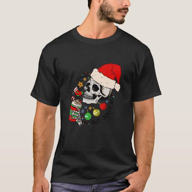 Dead Inside But Jolly AF Funny Skeleton Santa Hat  T-Shirt (Front)