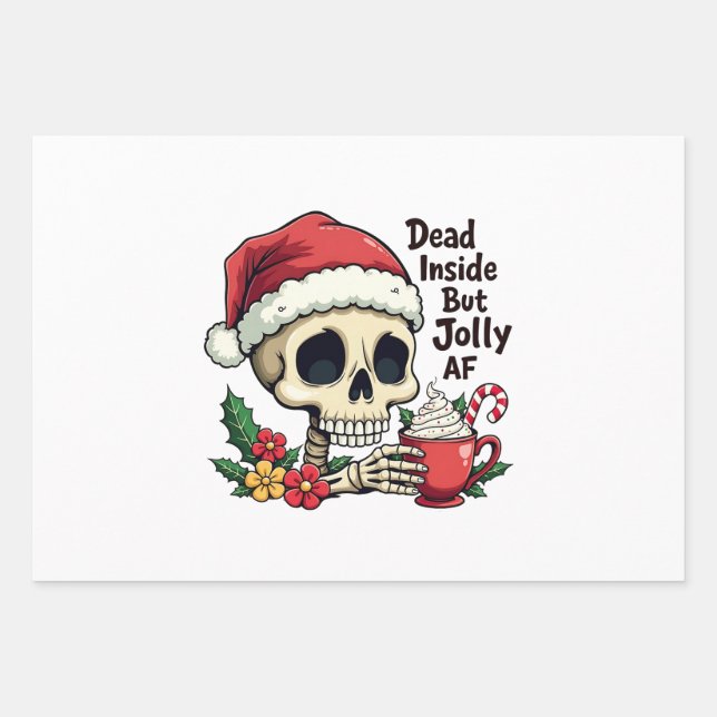 Dead Inside but Jolly AF Hot Cacoa Latte Xmas Skul Wrapping Paper Sheets (Front)