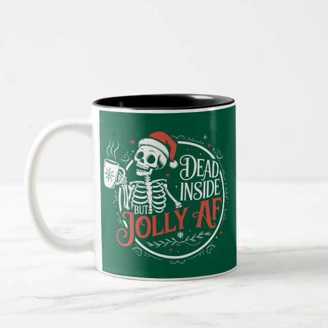 Dead Inside But Jolly Af Skull Santa Claus Xmas Two-Tone Coffee Mug (Left)