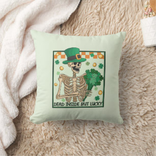 Dead Inside But Lucky - Skeleton Leprechaun Throw Pillow