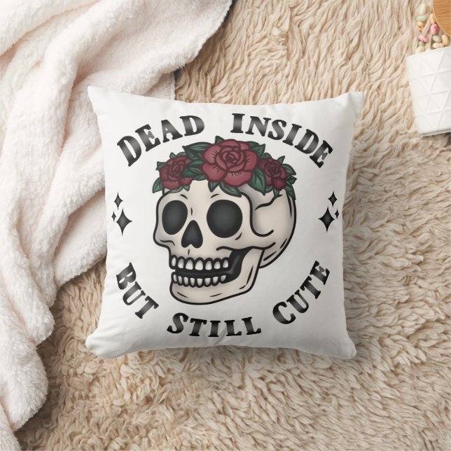 Dead Inside But Still Cute Skull Floral Goth Throw Pillow (Blanket)